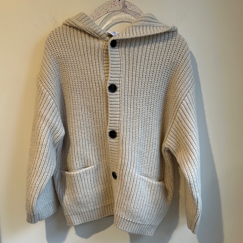 Cozy Beige Knit Cardigan with Hood